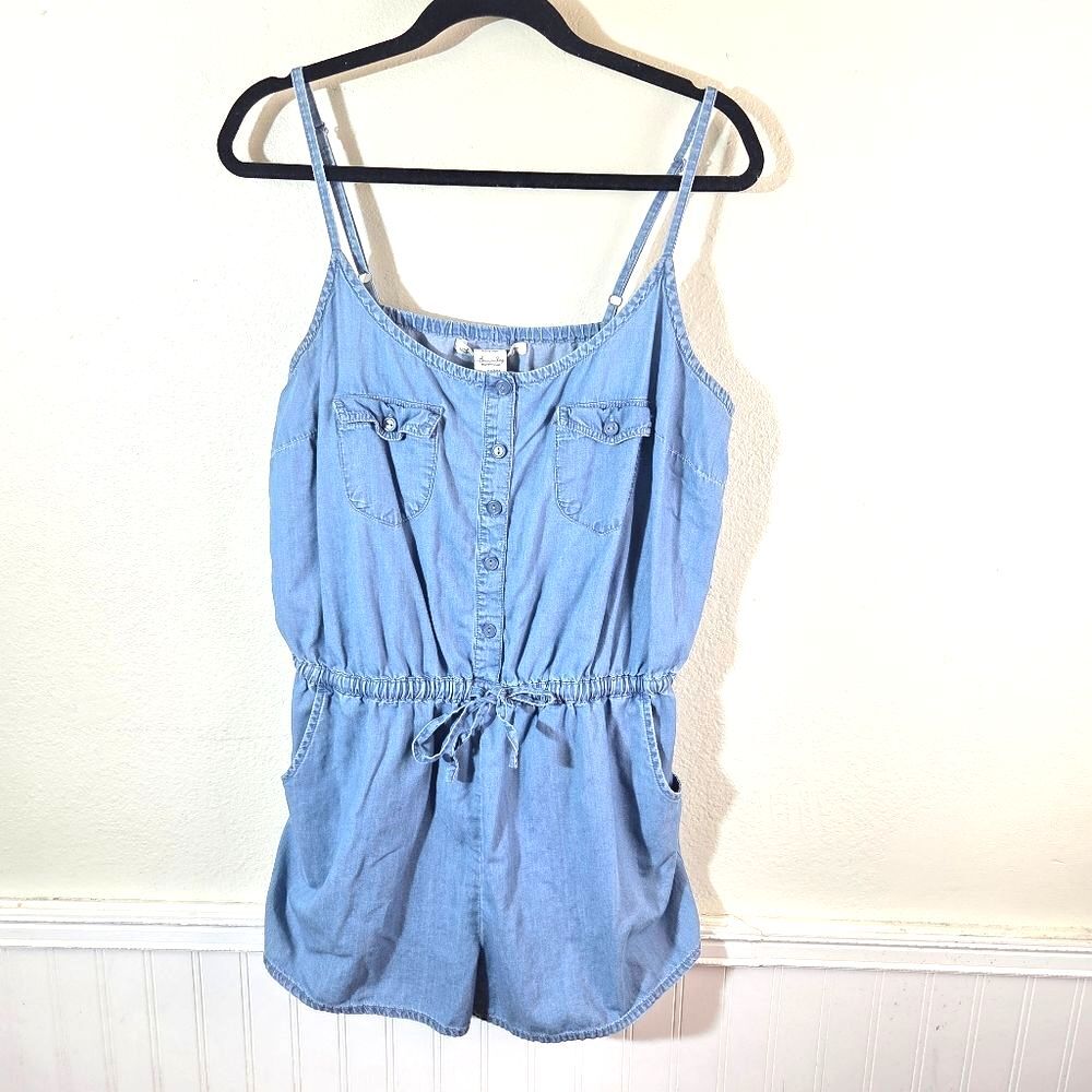 Rag Cie XXL Denim Romper Chambray Tie Waist Button Front Festival Casual Romper